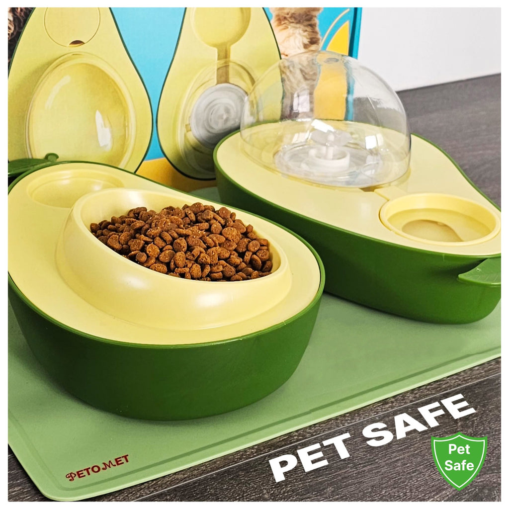 Cat Food and Water Bowl – Avocado Cat Bowl with Water Dispenser Pet Bowl& Small Dogs, Non-Spill, Anti-Choke, Eco-Friendly Dog Feeding Bowl Water Fountain 3-1 (Gray&White)